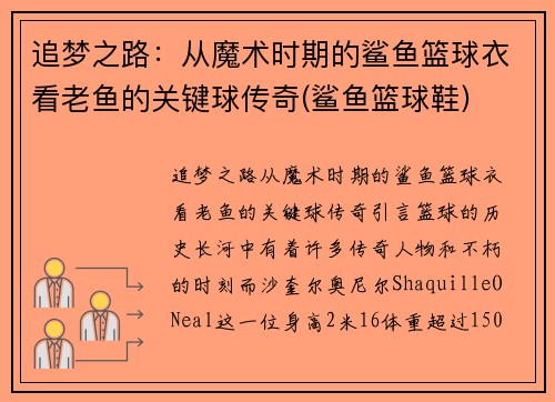 追梦之路：从魔术时期的鲨鱼篮球衣看老鱼的关键球传奇(鲨鱼篮球鞋)